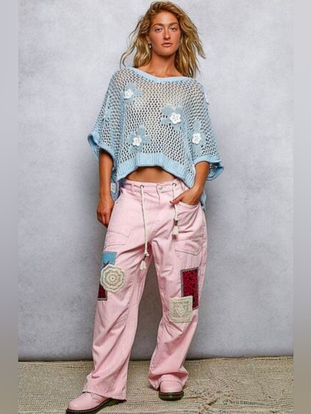 POL"Bloomin Filly" Floral Patch Open Sweater Top Sky Blue Sz S - Picture 7 of 10